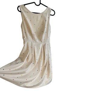 DejaVu S cream fit and flare pleated dress w/ polka dot beads
